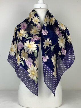 Pierre Balmain Floral Navy Silk Scarf with Polka Dots - 34x34 Luxury Accessory